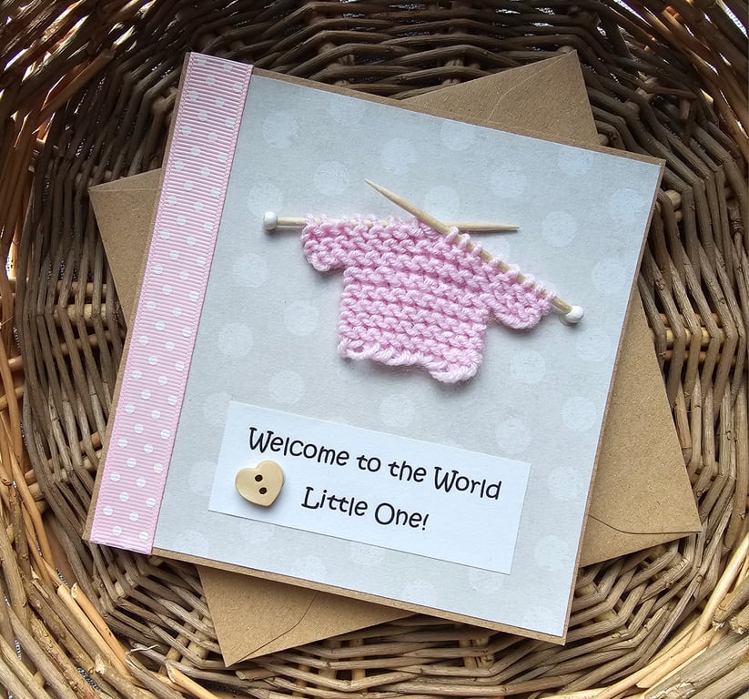 Pink Welcome to the World New Baby Card with Knitted Jumper Size 5" x 5"