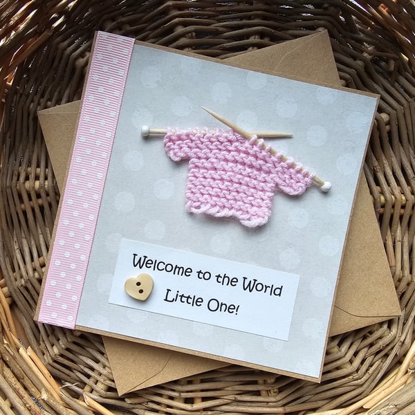 Pink Welcome to the World New Baby Card with Knitted Jumper Size 5" x 5"