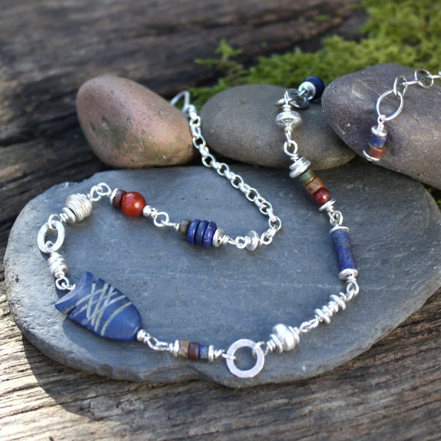 Silver lapis lazuli and jasper necklace - who shall have a fishy.....