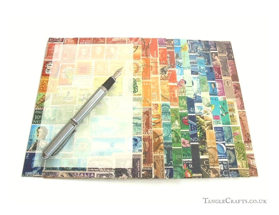 Postage Stamp Writing Paper Set, A5 - Optional pen and gift box