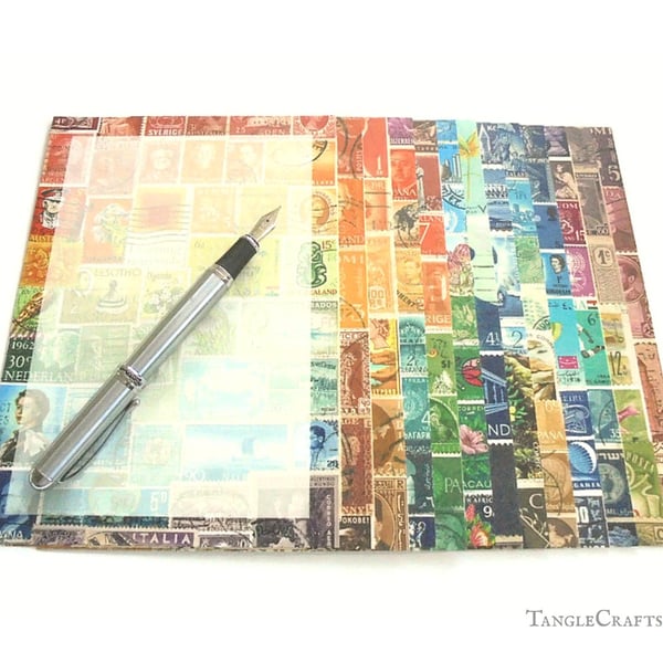Postage Stamp Writing Paper Set, A5 - Optional pen and gift box