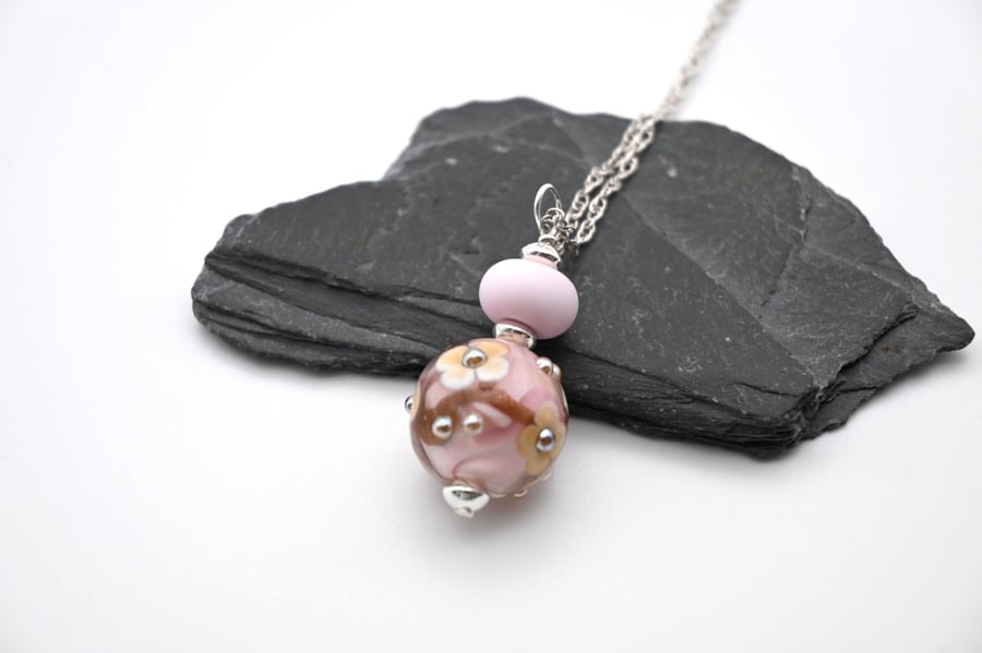 pink flower lampwork glass pendant necklace