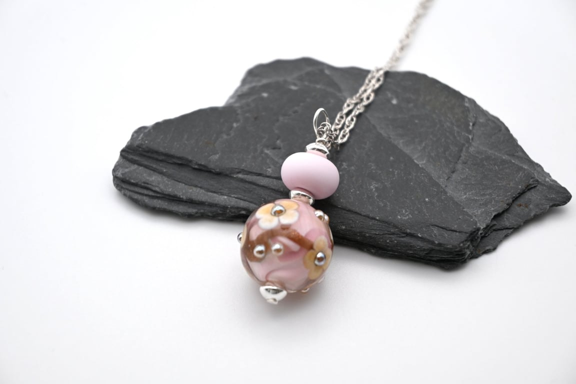 pink flower lampwork glass pendant necklace
