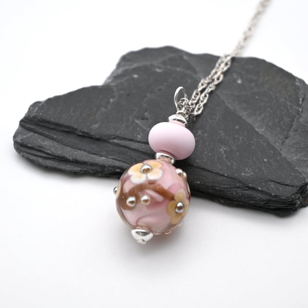 pink flower lampwork glass pendant necklace