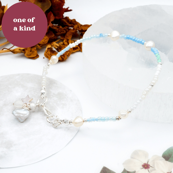 Freshwater Pearl Bracelet - Pastel Blue Czech Glass Gemstone Beaded Bracelet 