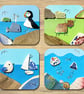 Coaster Set x4 Seaside Pebble Art from Scotland - Puffin, Seagull, Highland Cow