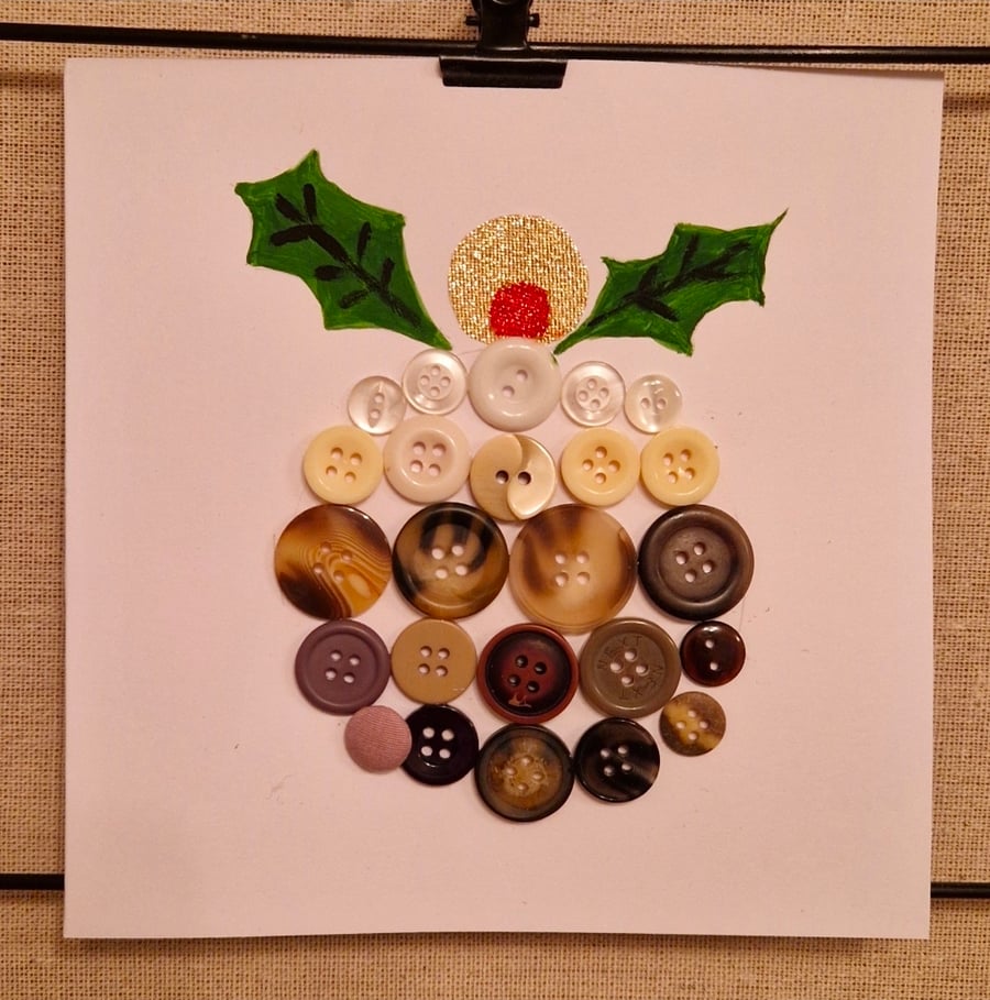 Christmas Pudding Christmas card - buttons & watercolour handmade