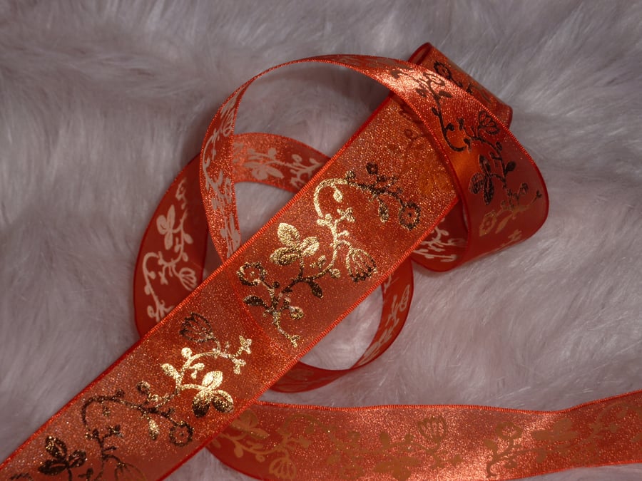 1 Metre Wire Edged Ribbon 38mm Sheer Orange & Gold