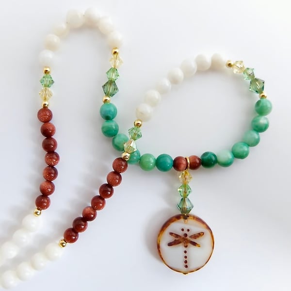 Dragonfly Pendant With Goldstone, Crystal & Shell Beads, Birthday, Anniversary