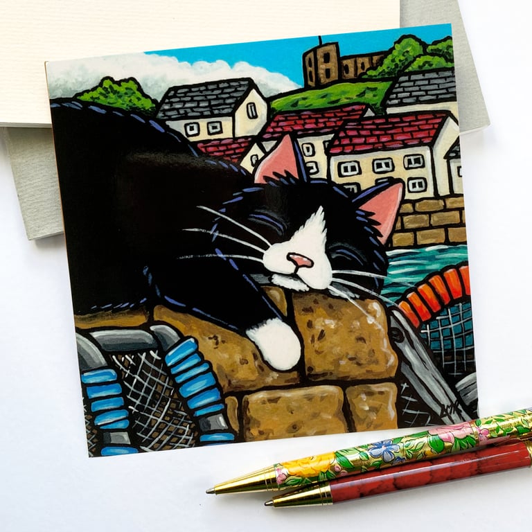 Sleeping Cat & Crab Baskets Postcard – Coastal Illustration Feline Art