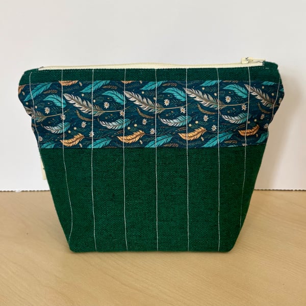 Blue Feathers Quilted Zip Pouch in Pinstripe Forest Green