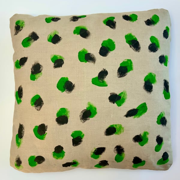 SMUDGE GREEN - Unusual, Cosy, Designer Hand-Block-Printed Cushion from Devon.