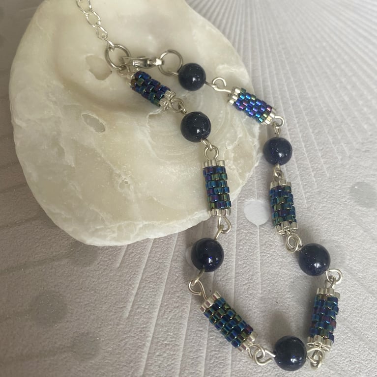 Blue sandstone and silver beaded bracelet, Handcrafted gift for her
