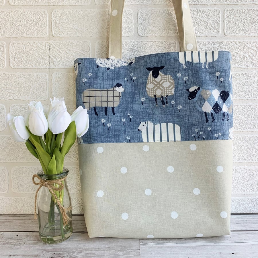 SOLD - Sheep and polka dot tote bag in blue and cream