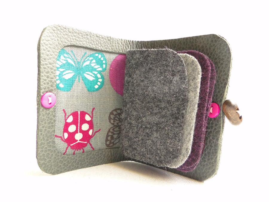 Needle Case - Grey Leather - Insect Fabric - Needle Book - Sewing Gift