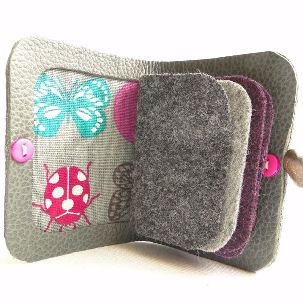 Needle Case - Grey Leather - Insect Fabric - Needle Book - Sewing Gift