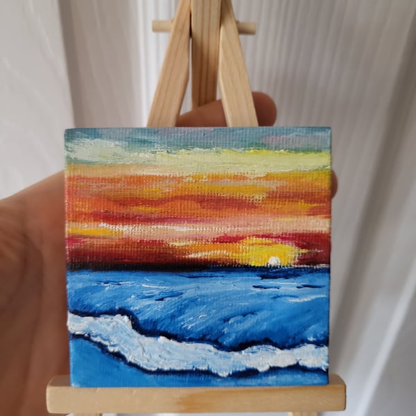 Original oil painting ocean sunset mini canvas seascape 
