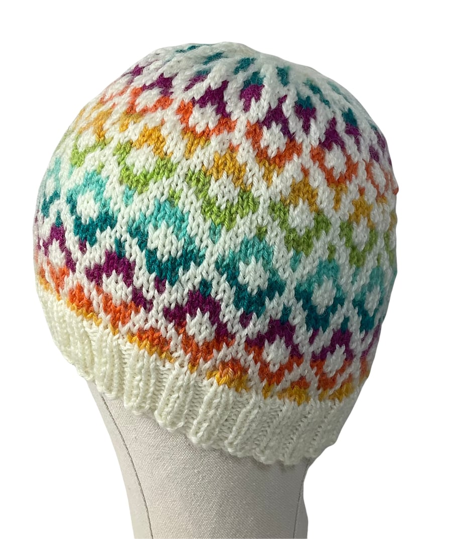 Multi coloured diamond hat, stranded beanie, Norwegian toque, Scandinavian skull