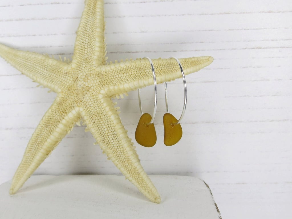 Cornish Sea Glass on 18mm Hoop Earrings - Burnt Orange