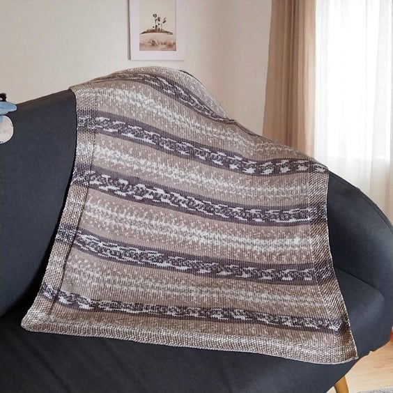 Hand Knitted Baby Blanket – Neutral Brown & Cream, Fair Isle Style 