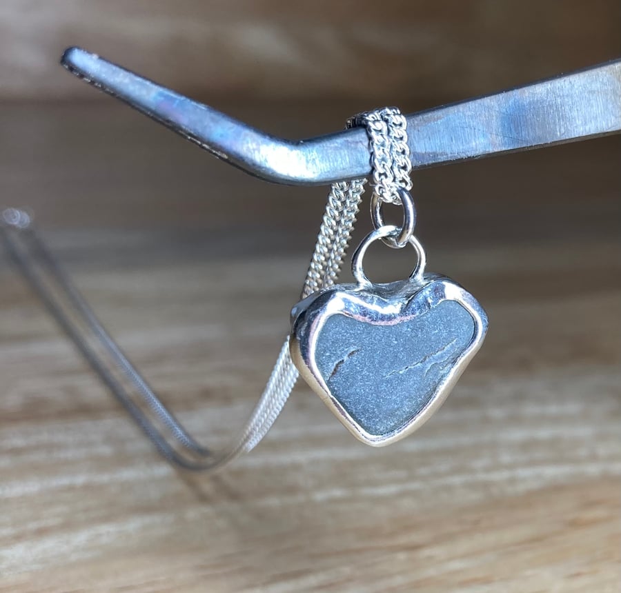 Handmade Welsh Grey Heart Shaped Pebble & Silver Pendant & Silver Necklace 