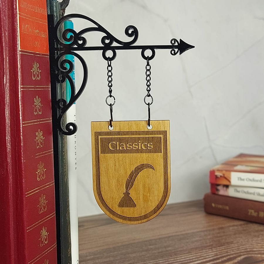 Classics Genre Divider Bookshelf Decor  Solid Walnut Library Sign