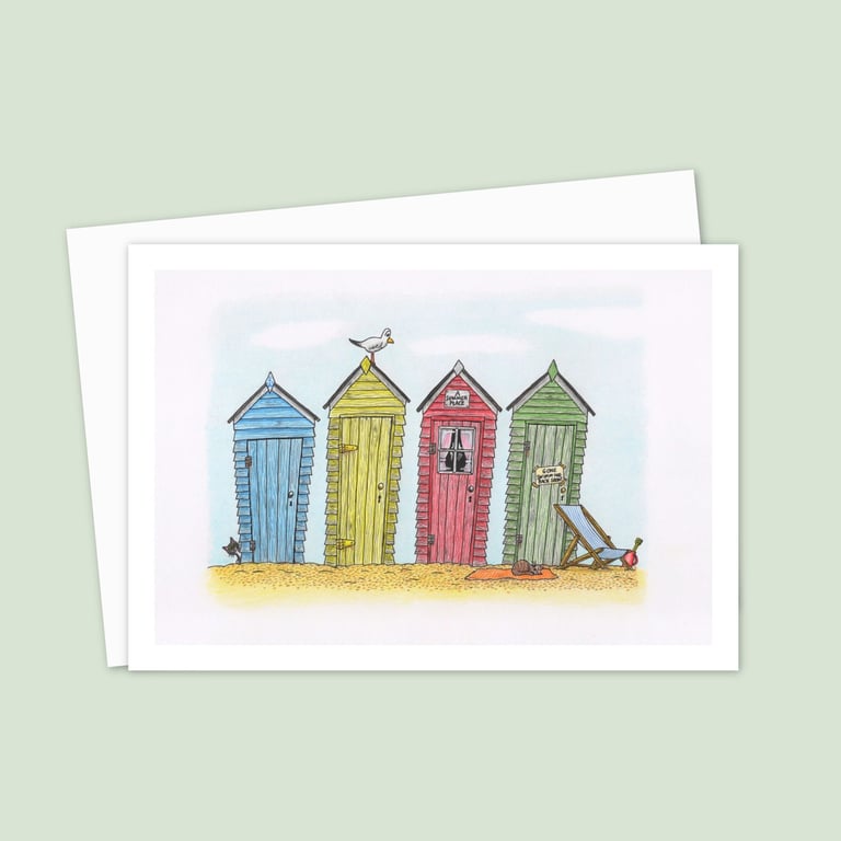 Seaside Beach Huts Greeting Card: Traditional Summer Holiday Illustration (807)