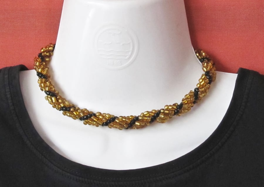 Chunky Choker:  Large Gold & Black Seed Bead Spiral Weave Necklace