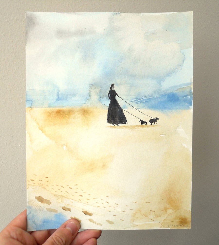 Woman walking with dogs, 18.5cm x 25.5cm original painting 