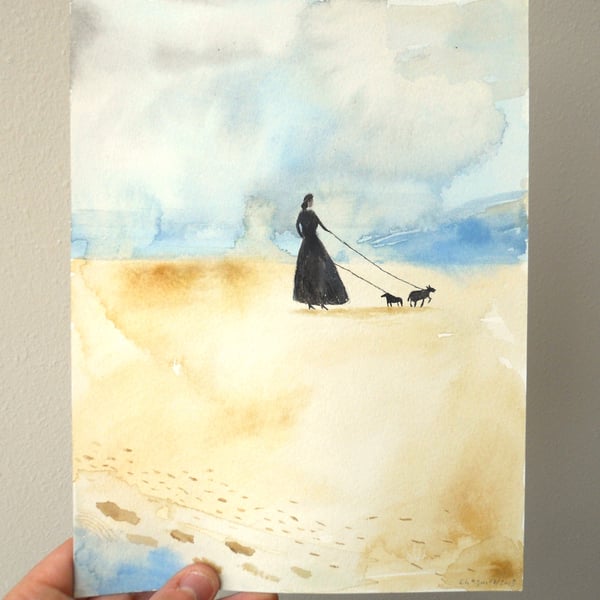 Woman walking with dogs, 18.5cm x 25.5cm original painting 