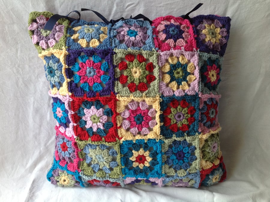 Colourful Crocheted Cushion Cover, Granny Square Cushion