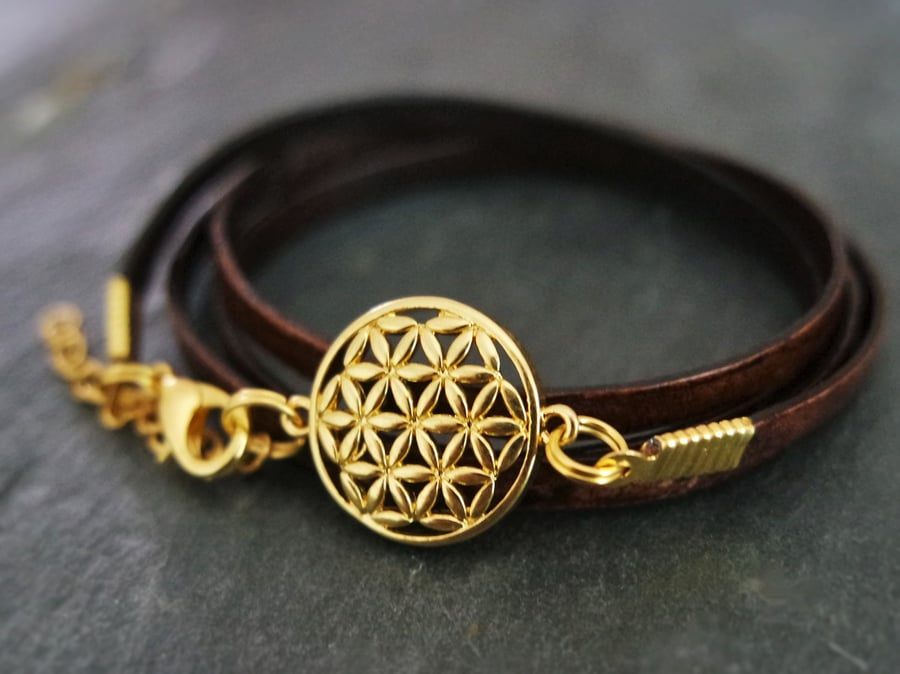leather bracelet - flower of life gold plated