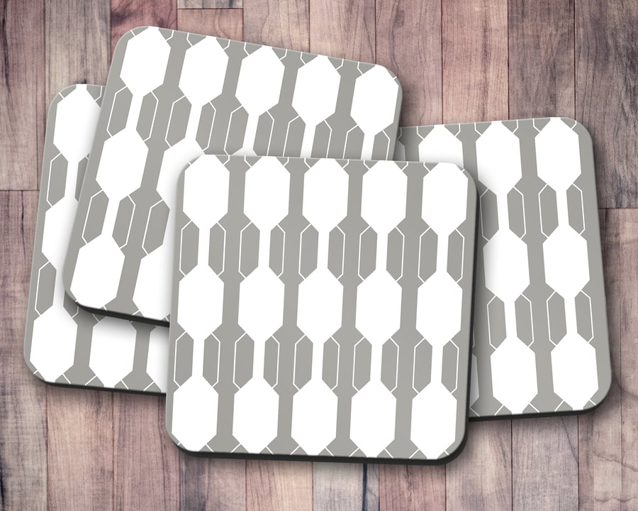 Set of 4 Grey and White Geometric Design Coasters