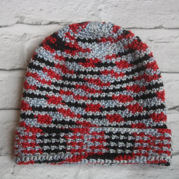 Men's Hat - Beanie Hat Slouchy Hat - Grey, Black and Red - Gift for Him