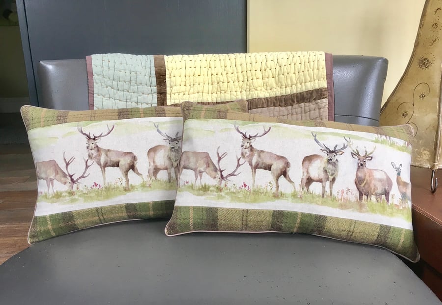 Pair of stag cushions. Free UK P & P. Tartan and linen pillow. Deer cushions.