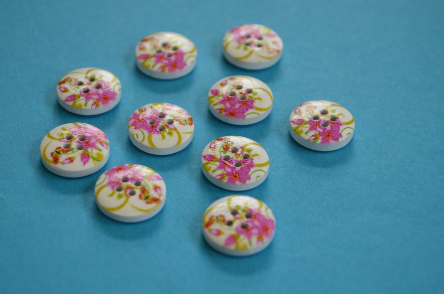 15mm Wooden Floral Buttons Hot Pink Green 10pk Flowers (SF21)
