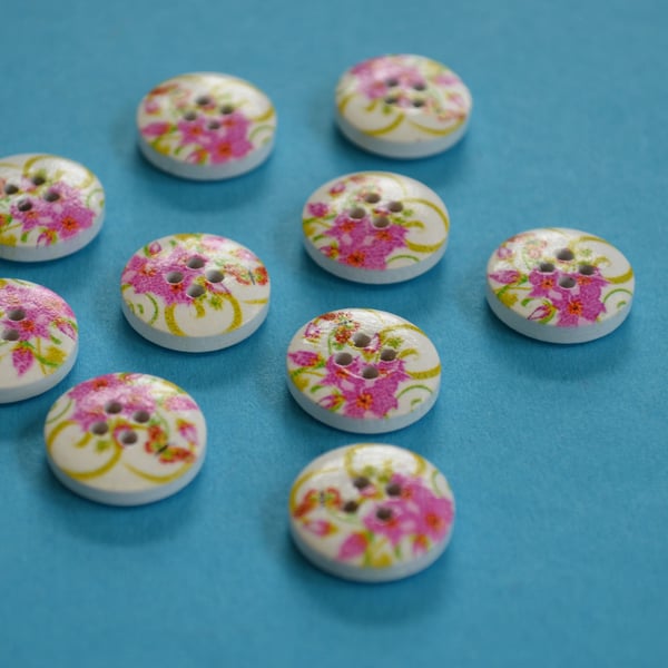 15mm Wooden Floral Buttons Hot Pink Green 10pk Flowers (SF21)