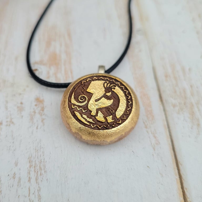 Kokopelli Pendant - Handmade Beechwood Necklace with 22k Gold Leaf Front