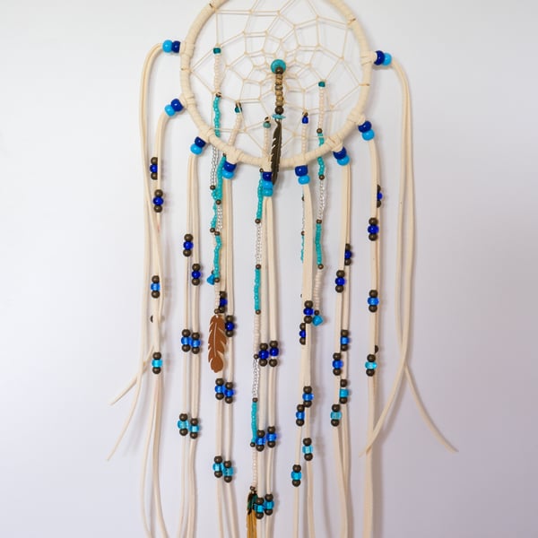 White Native American Traditional Style Dream Catcher, Vegan Suede