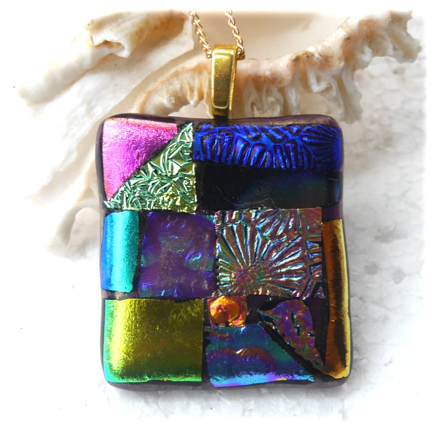 Dichroic Glass S006 Supersize Patchwork Pendant with Gold plated chain