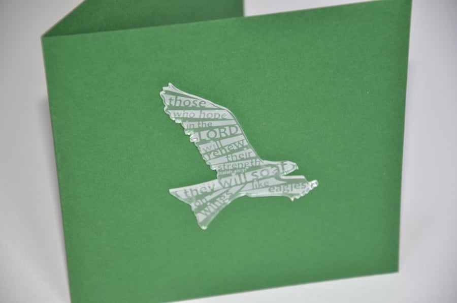 'Laser Tweet' card (green, with etched acrylic bird)