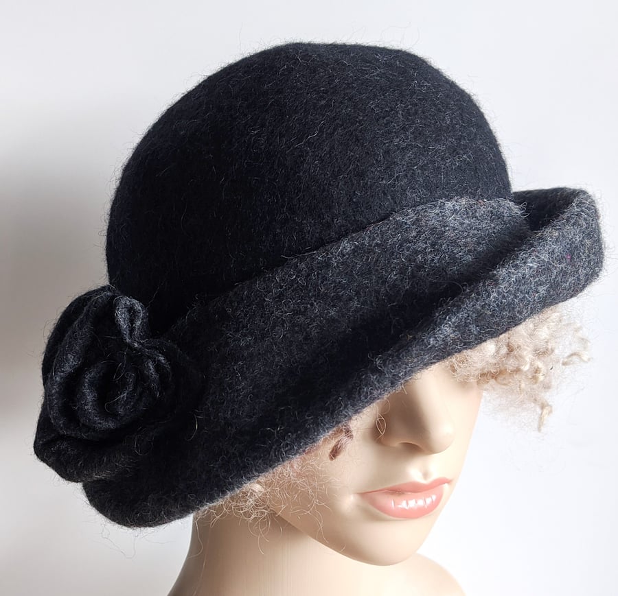 Tweedy grey and black felted wool hat - One of the 'Squashable' range