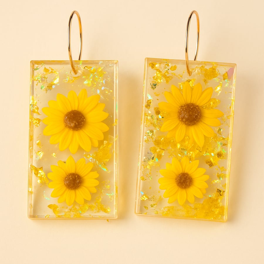 Double Sunflower Resin Statement Dangle Earrings