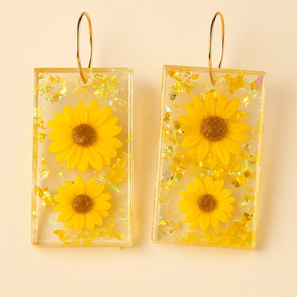 Double Sunflower Resin Statement Dangle Earrings