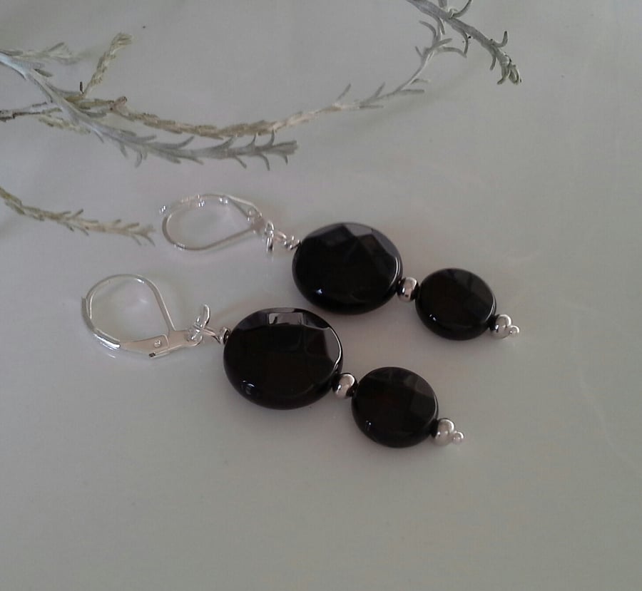 Faceted Black Onyx Lever Back Silver Plate Earrings
