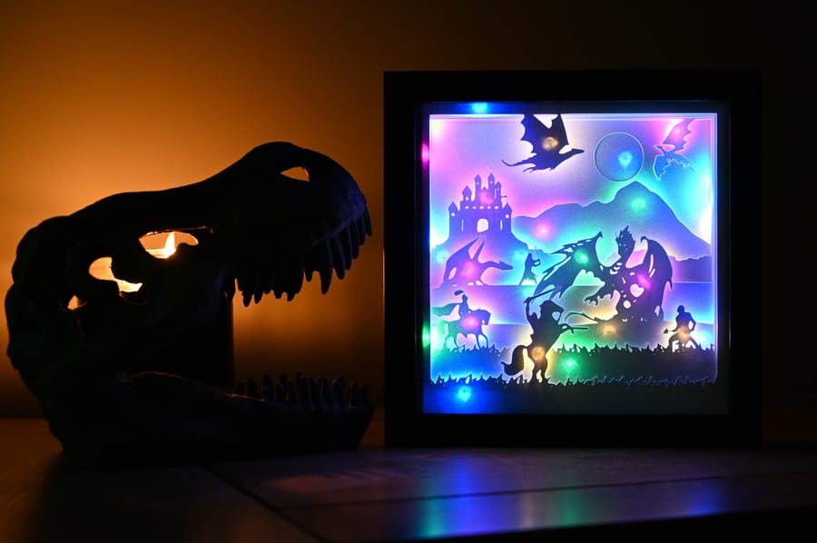 Knights and Dragons fantasy shadow lightbox - Shadowbox - Light Box - 3d Picture