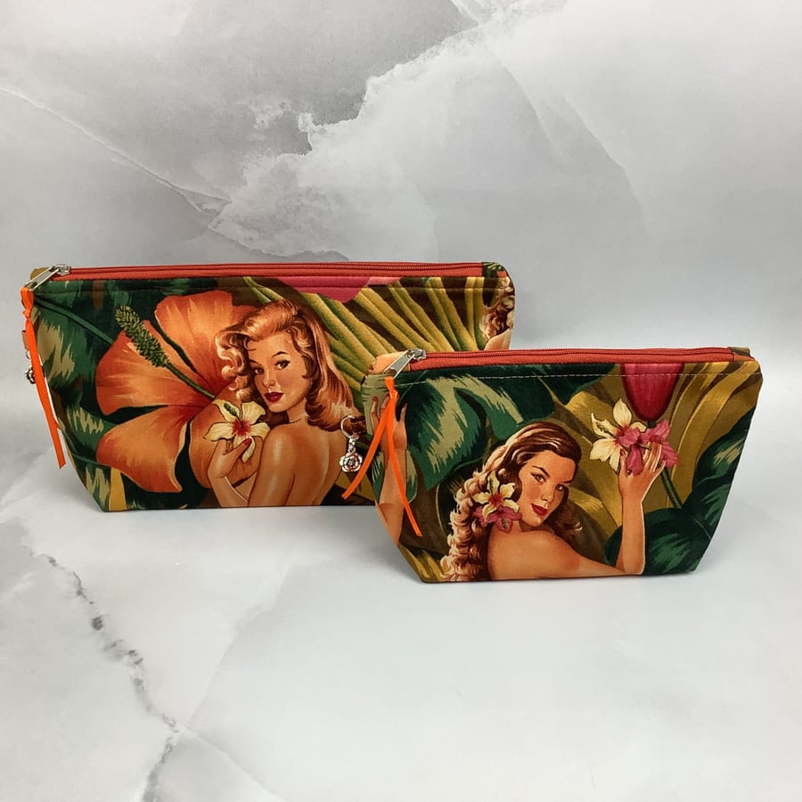 Burlesque zip bag, Tropical makeup bag, 2 size options, Handmade