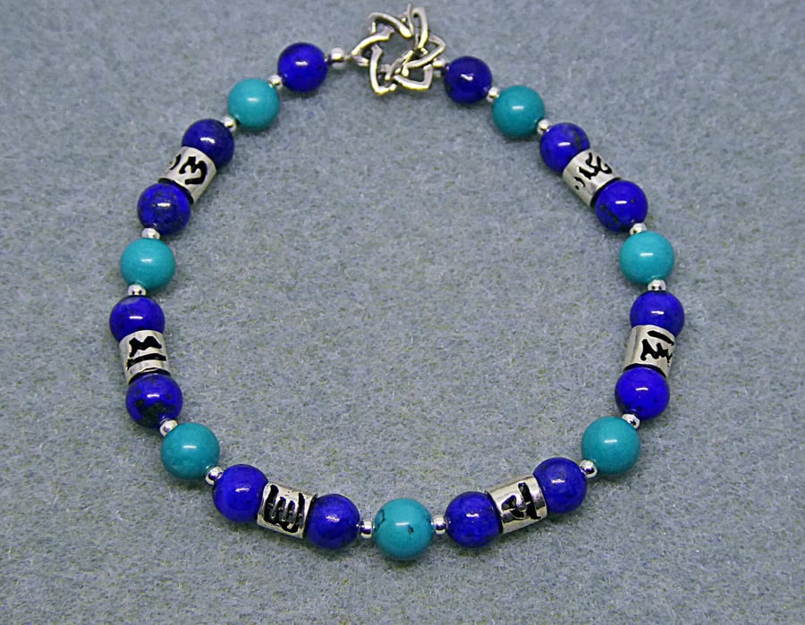 Om Mani Padme Hum Mantra Turquoise, Lapis Lazuli Bracelet, 925 Sterling Silver