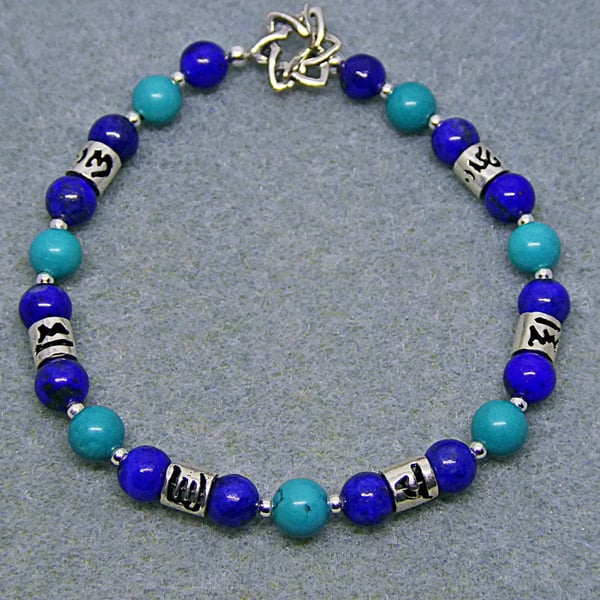 Om Mani Padme Hum Mantra Turquoise, Lapis Lazuli Bracelet, 925 Sterling Silver