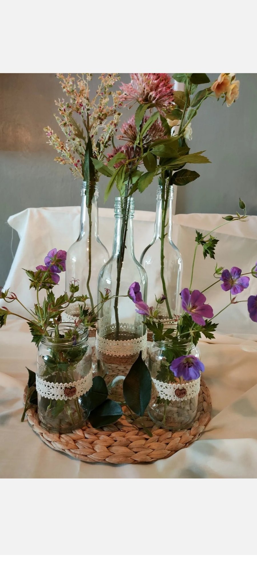 3  bottles 2 jars wedding table centrepieces ideal for flowers and candles 